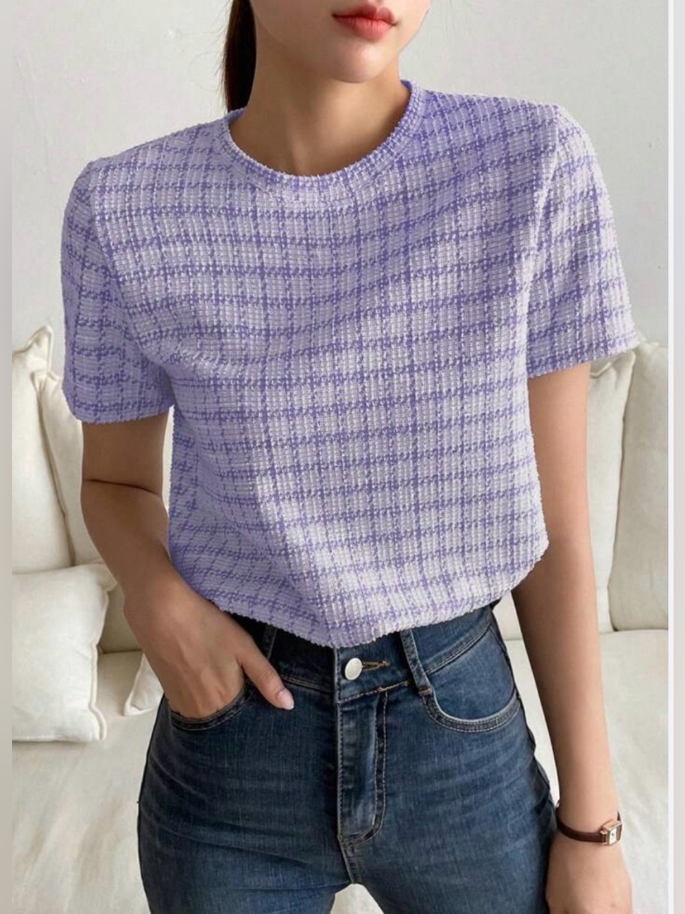 Lilac Check Knit Short Sleeve Top - Unbranded